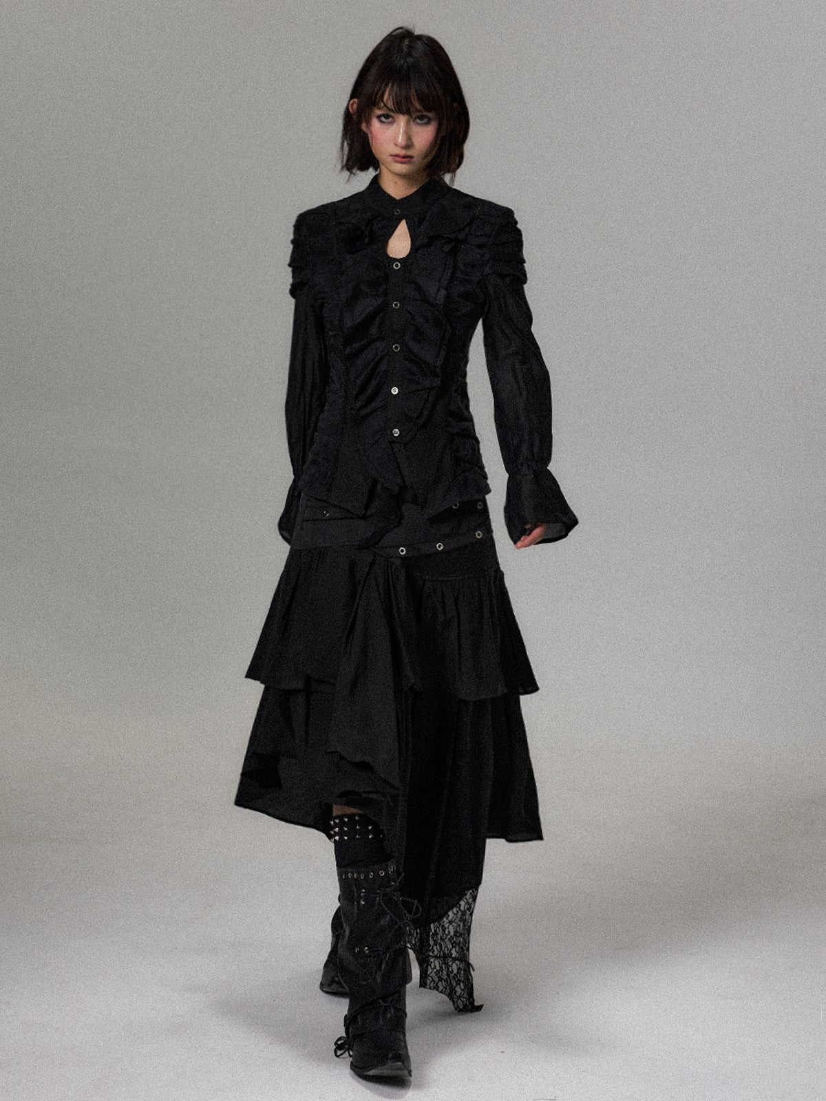 Frustration Garden Dark Court Ruffle Ruched Asymmetric Long Sleeve Women&