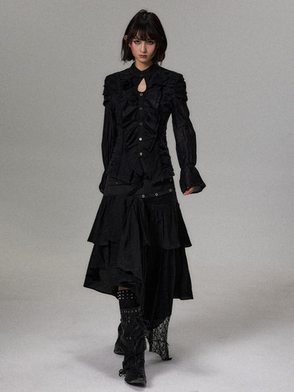 Frustration Garden Dark Court Ruffle Ruched Asymmetric Long Sleeve Women&