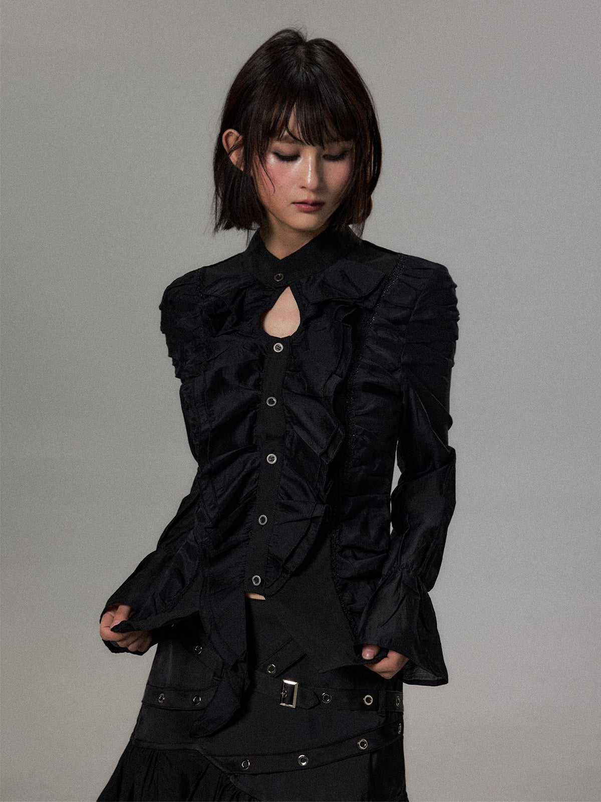 Frustration Garden Dark Court Ruffle Ruched Asymmetric Long Sleeve Women&