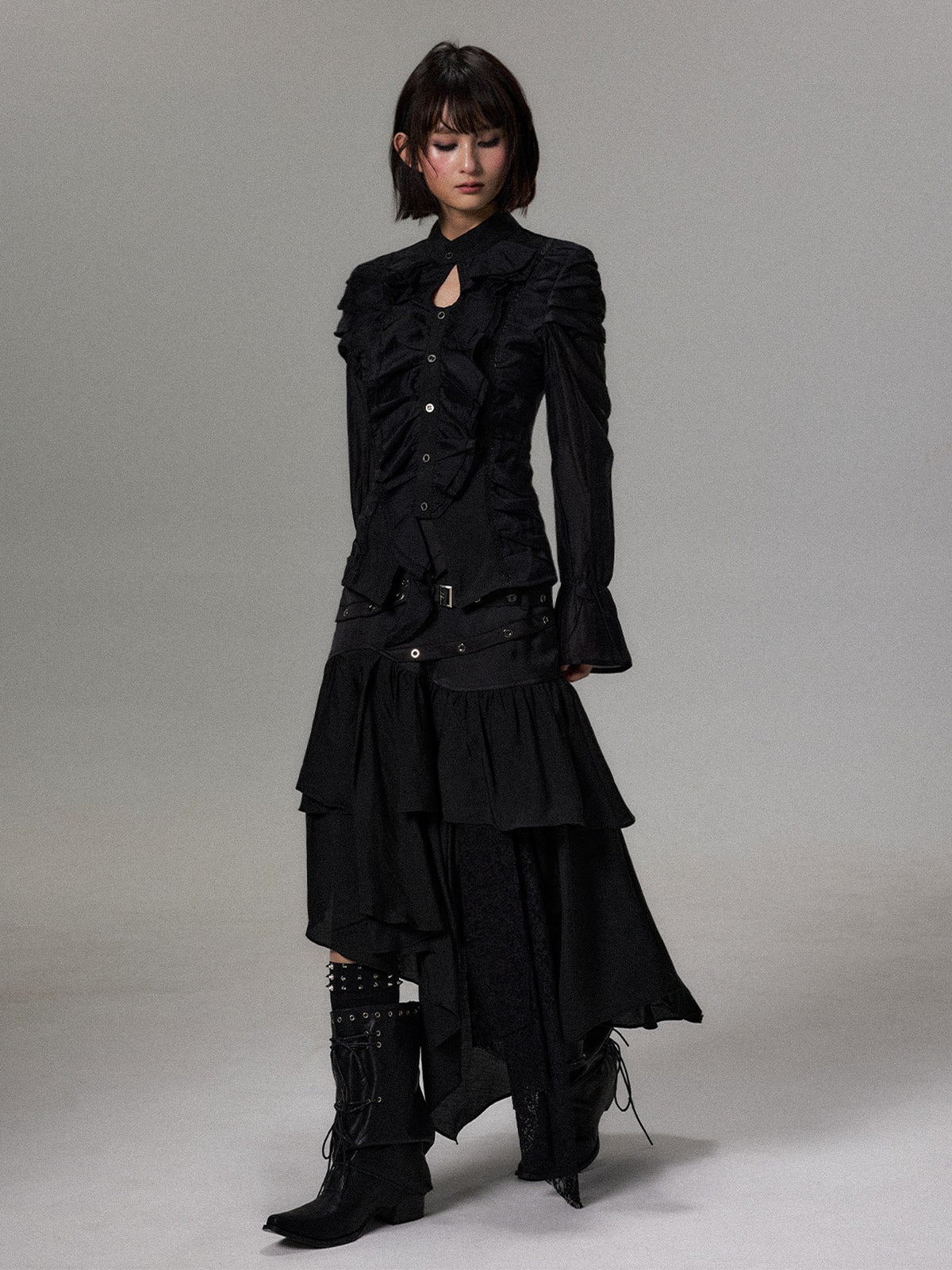 Frustration Garden Dark Court Ruffle Ruched Asymmetric Long Sleeve Women&