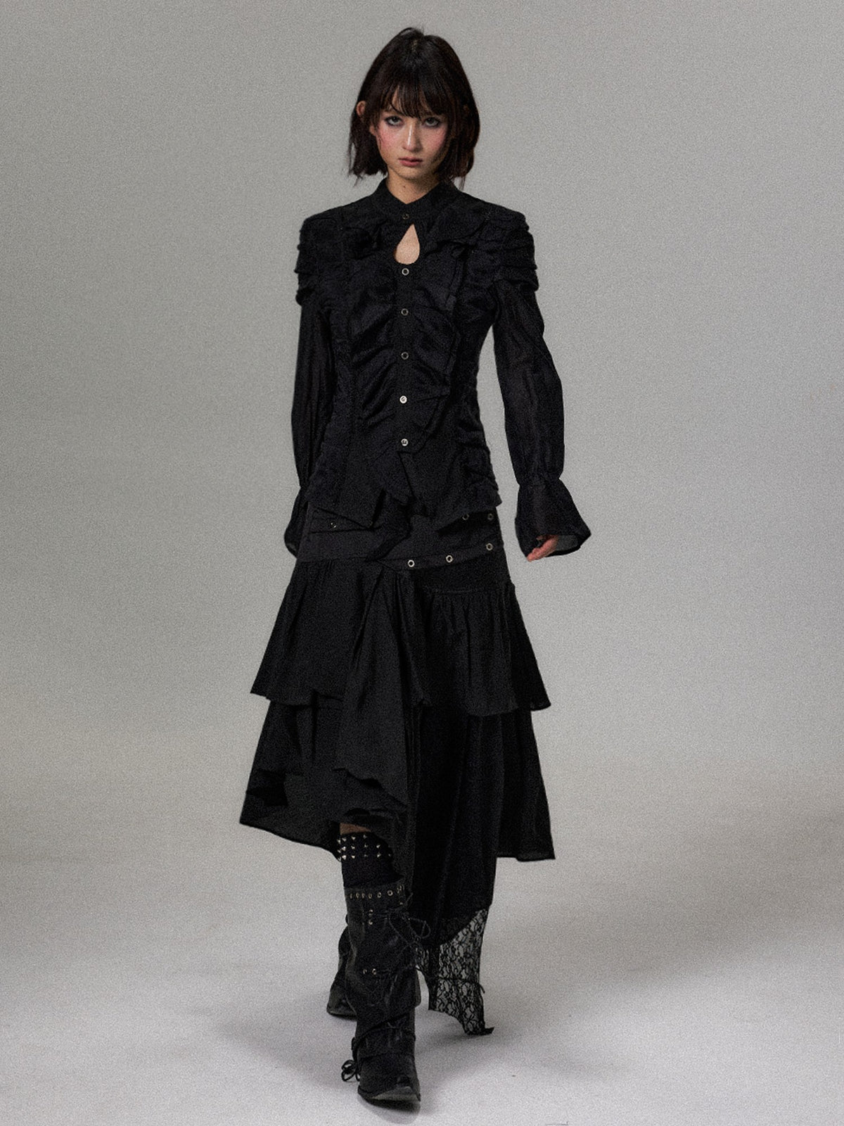 Frustration Garden Dark Court Ruffle Ruched Asymmetric Long Sleeve Women&
