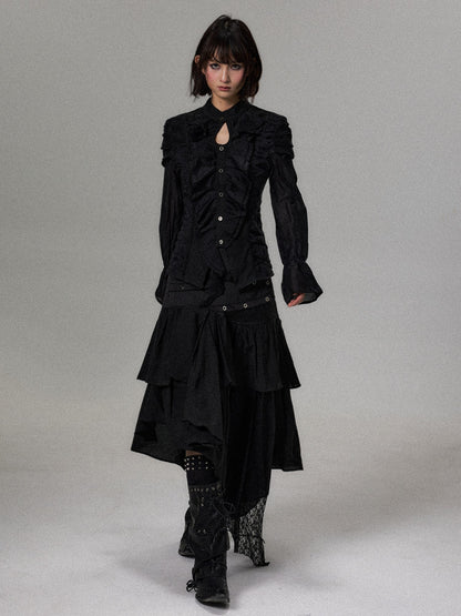 Frustration Garden Dark Court Ruffle Ruched Asymmetric Long Sleeve Women&
