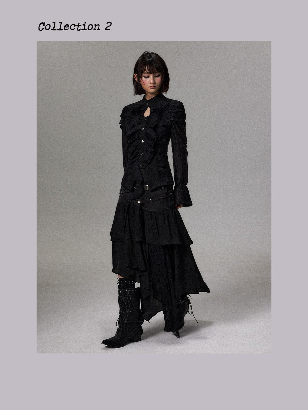 Frustration Garden Dark Court Ruffle Ruched Asymmetric Long Sleeve Women&