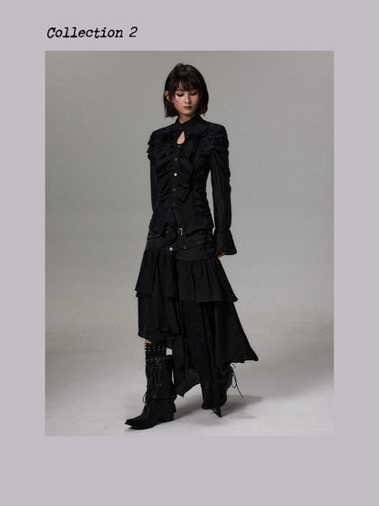 Frustration Garden Dark Court Ruffle Ruched Asymmetric Long Sleeve Women&