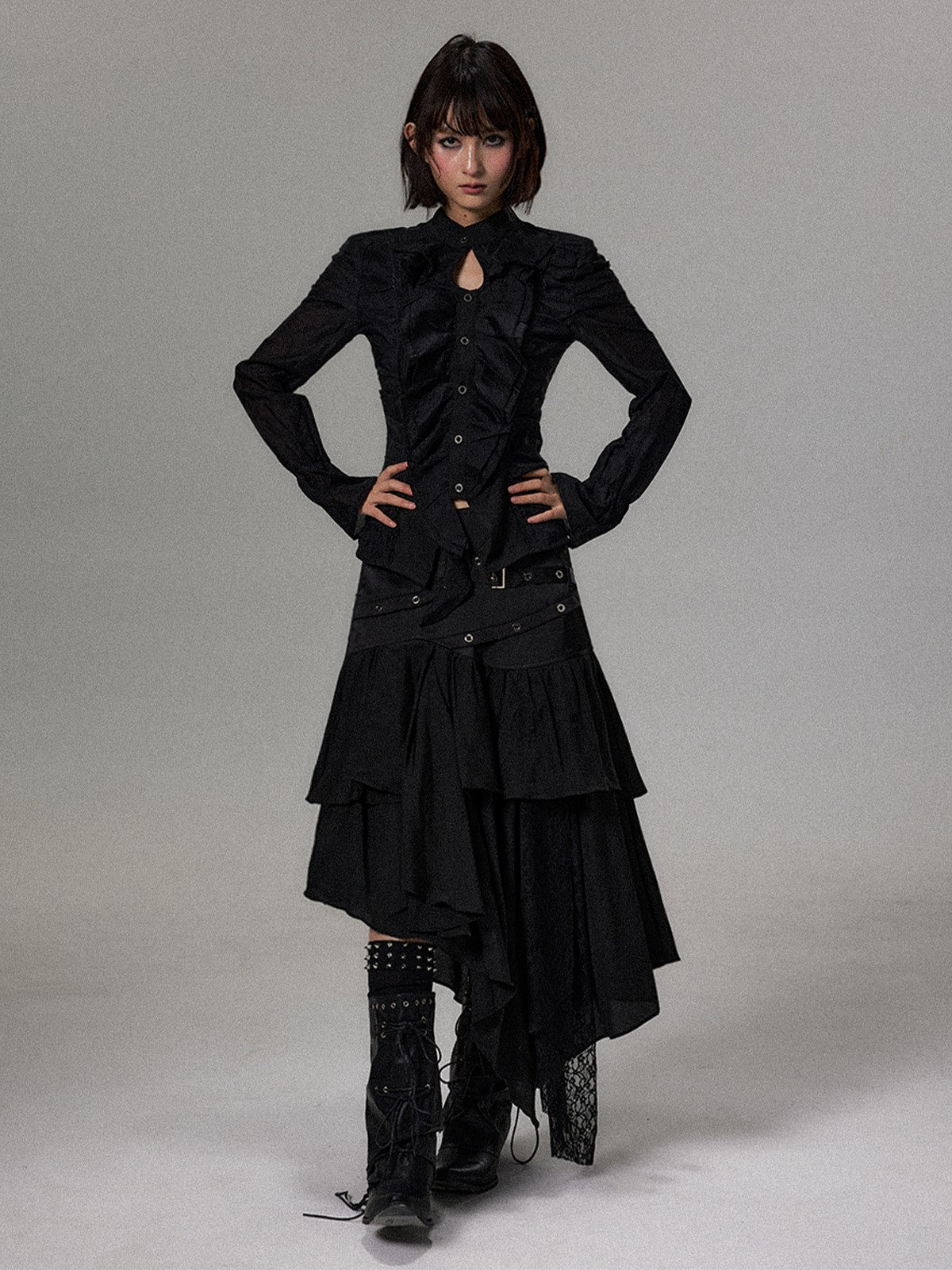 Frustration Garden Dark Court Ruffle Ruched Asymmetric Long Sleeve Women&
