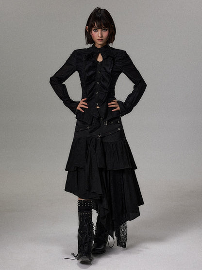 Frustration Garden Dark Court Ruffle Ruched Asymmetric Long Sleeve Women&