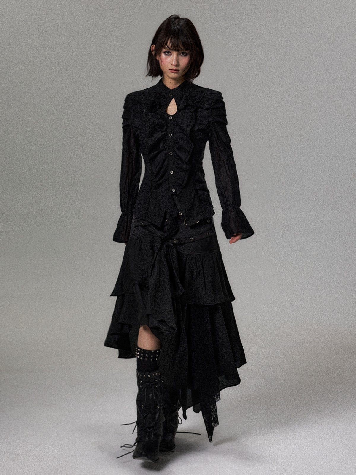 Frustration Garden Dark Court Ruffle Ruched Asymmetric Long Sleeve Women&