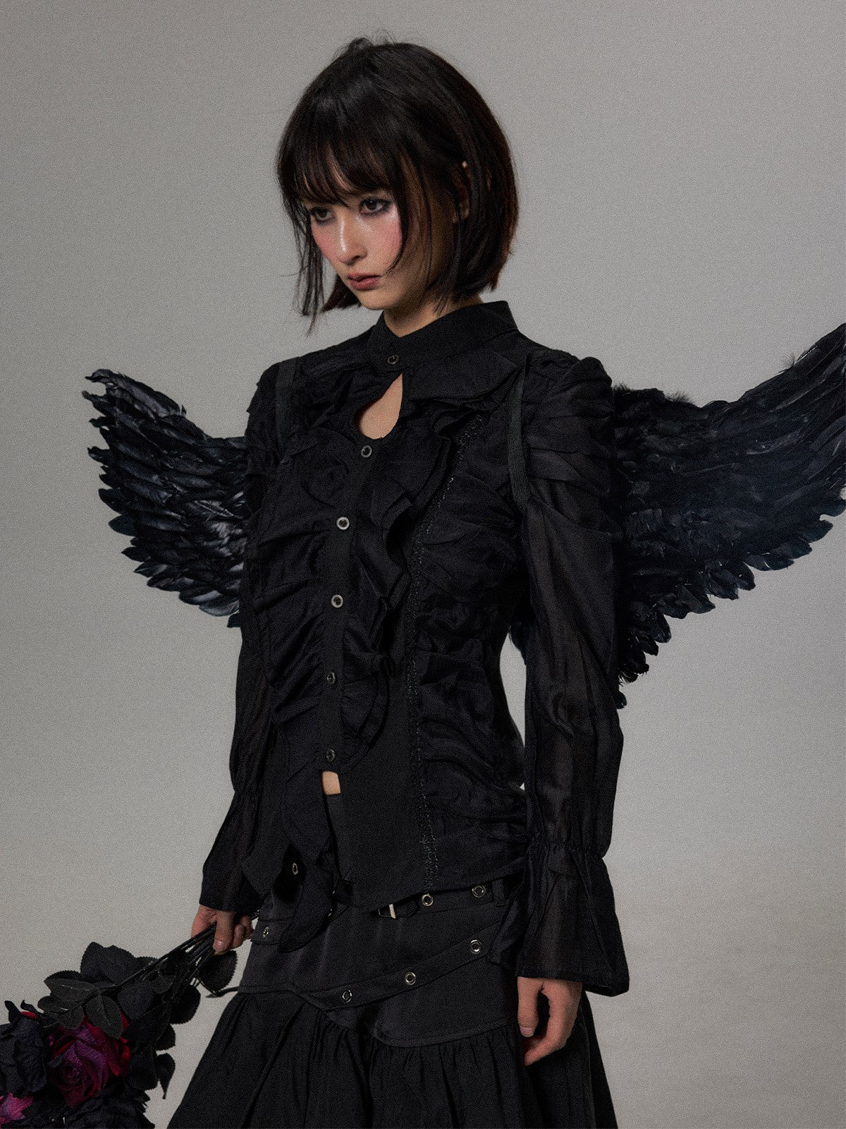 Frustration Garden Dark Court Ruffle Ruched Asymmetric Long Sleeve Women&