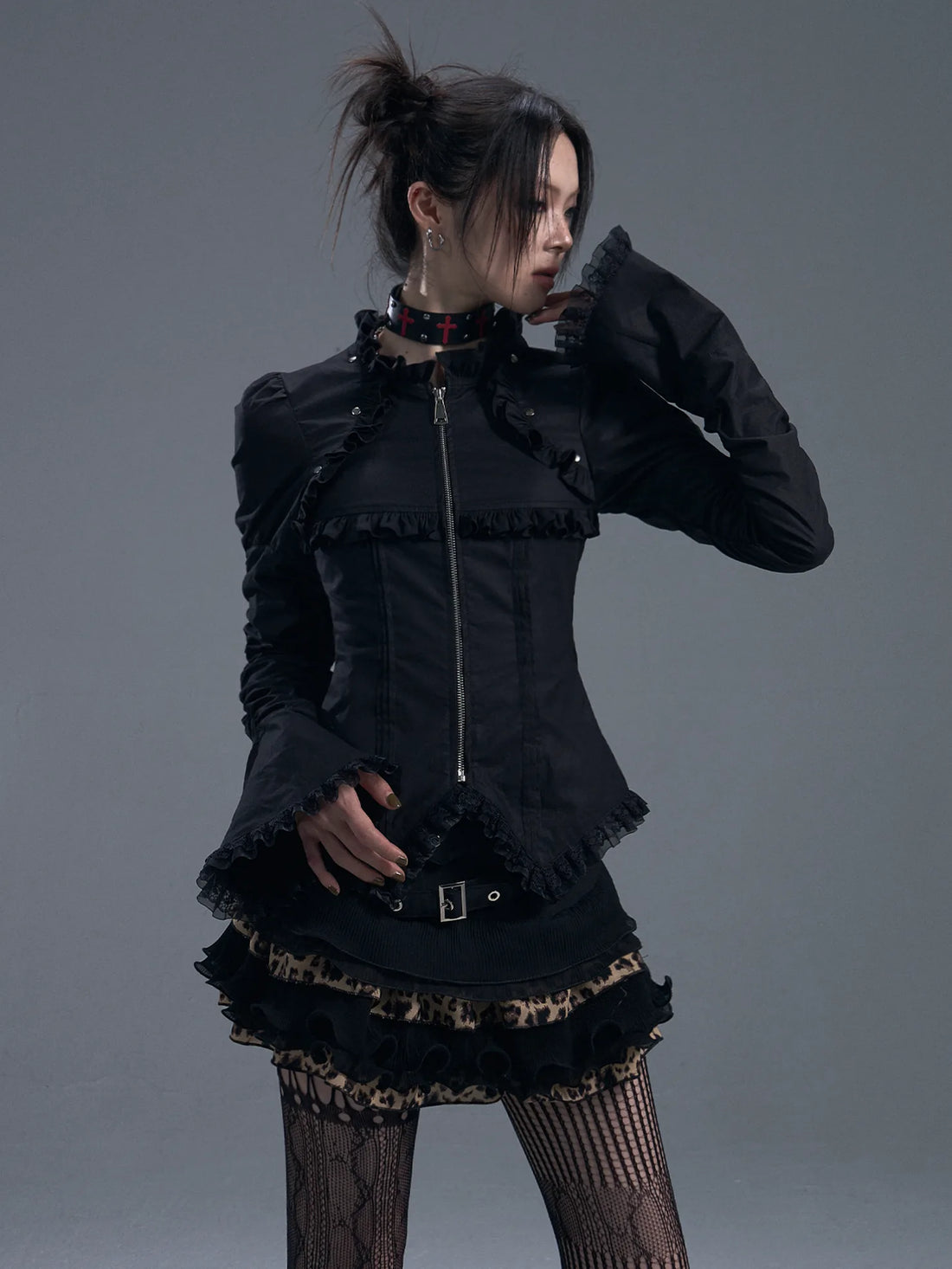 Frustration Garden Dark Gothic Lace Trim Belted Bell Sleeve Shirt