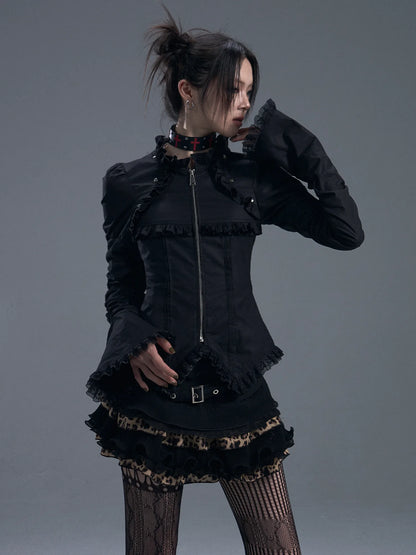 Frustration Garden Dark Gothic Lace Trim Belted Bell Sleeve Shirt