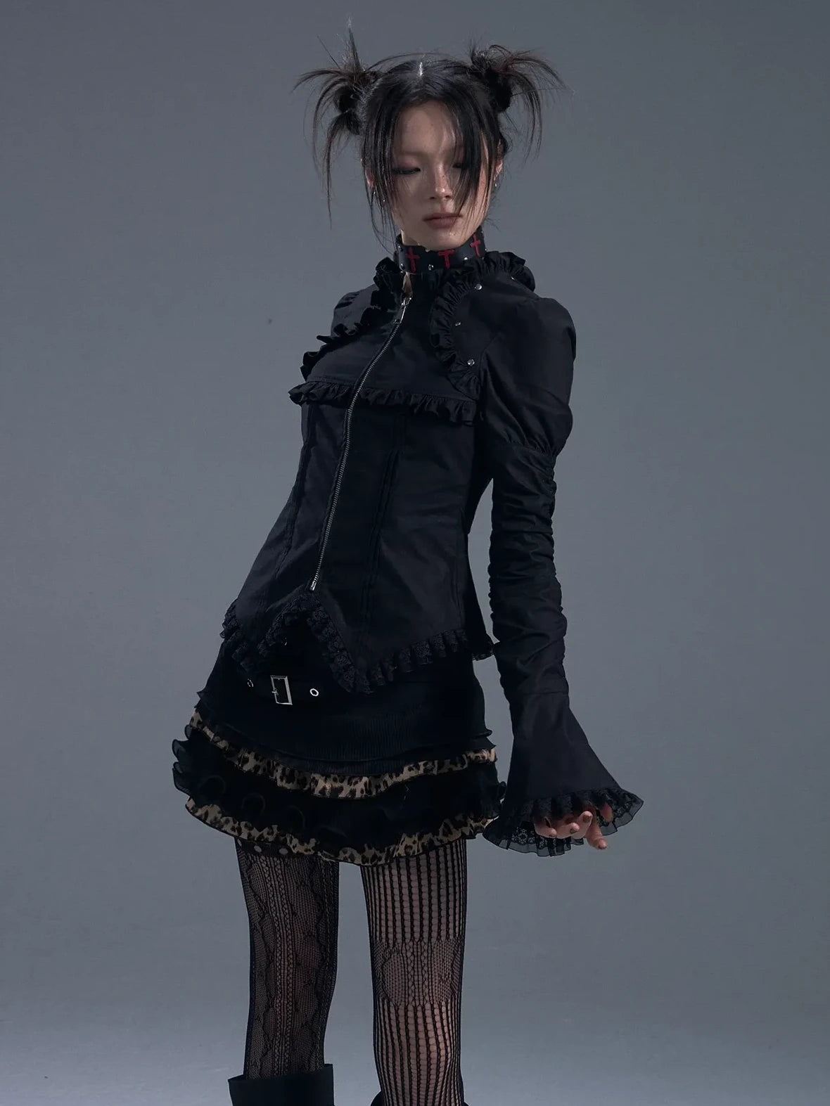 Frustration Garden Dark Gothic Lace Trim Belted Bell Sleeve Shirt