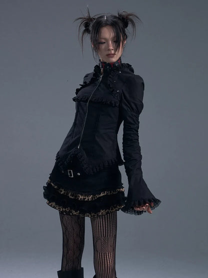 Frustration Garden Dark Gothic Lace Trim Belted Bell Sleeve Shirt