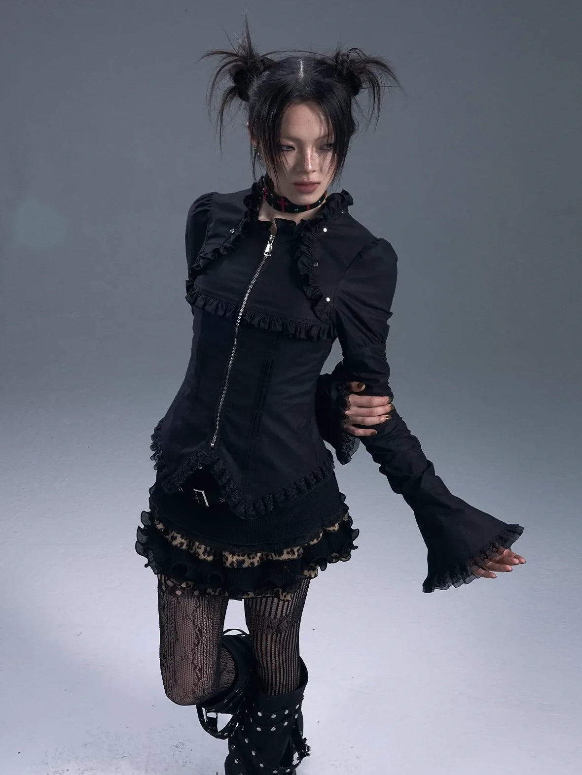 Frustration Garden Dark Gothic Lace Trim Belted Bell Sleeve Shirt