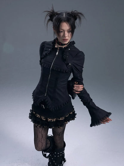 Frustration Garden Dark Gothic Lace Trim Belted Bell Sleeve Shirt