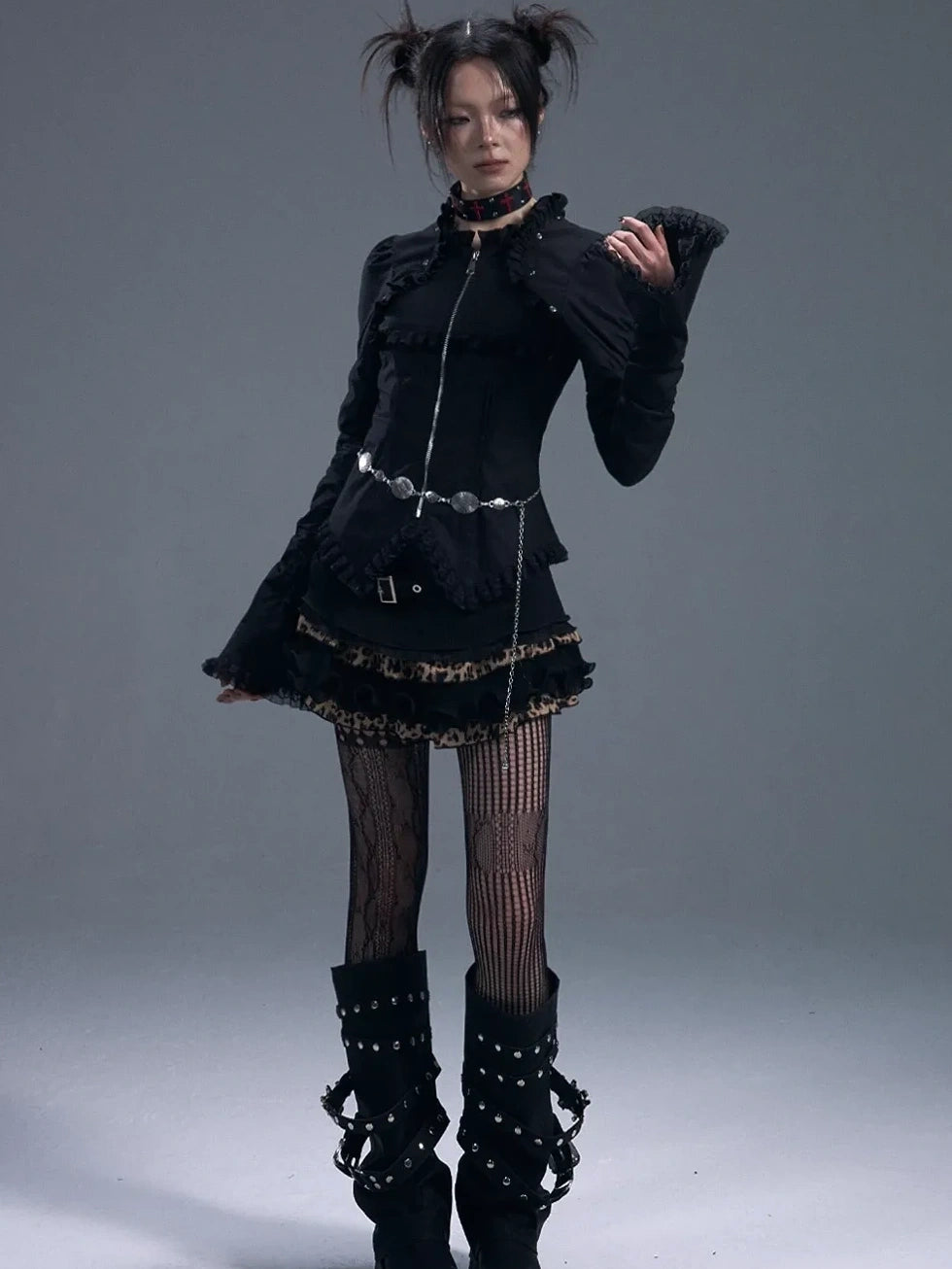 Frustration Garden Dark Gothic Lace Trim Belted Bell Sleeve Shirt