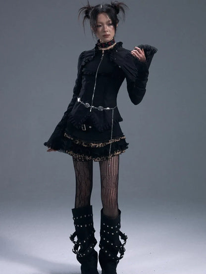 Frustration Garden Dark Gothic Lace Trim Belted Bell Sleeve Shirt