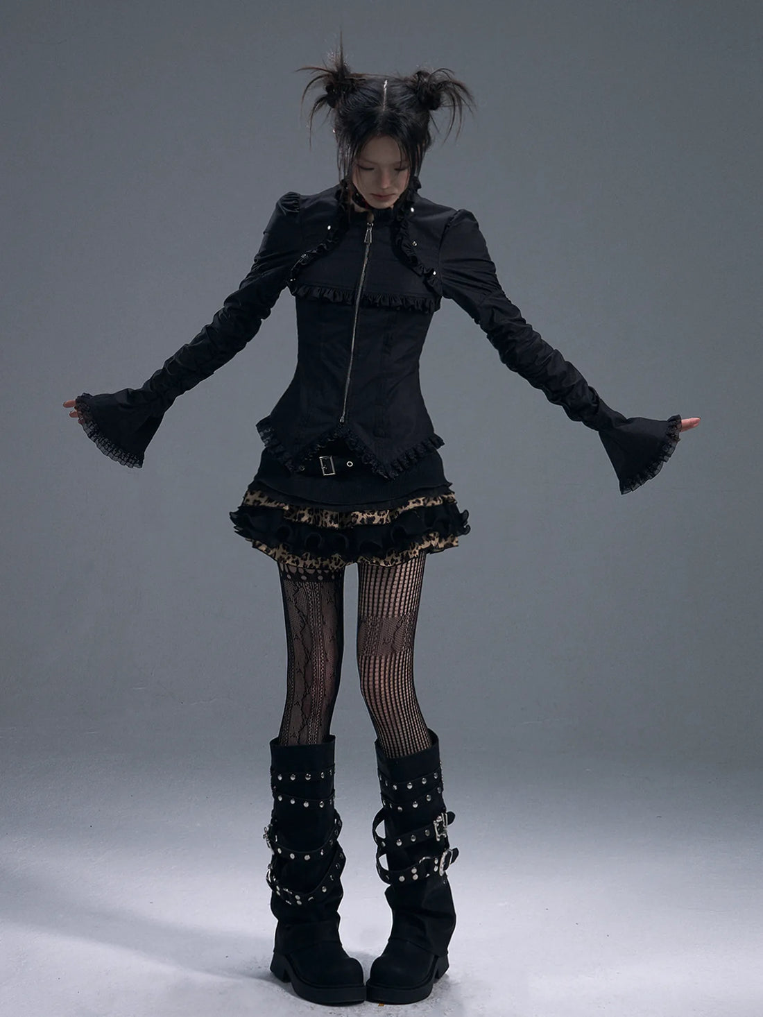 Frustration Garden Dark Gothic Lace Trim Belted Bell Sleeve Shirt