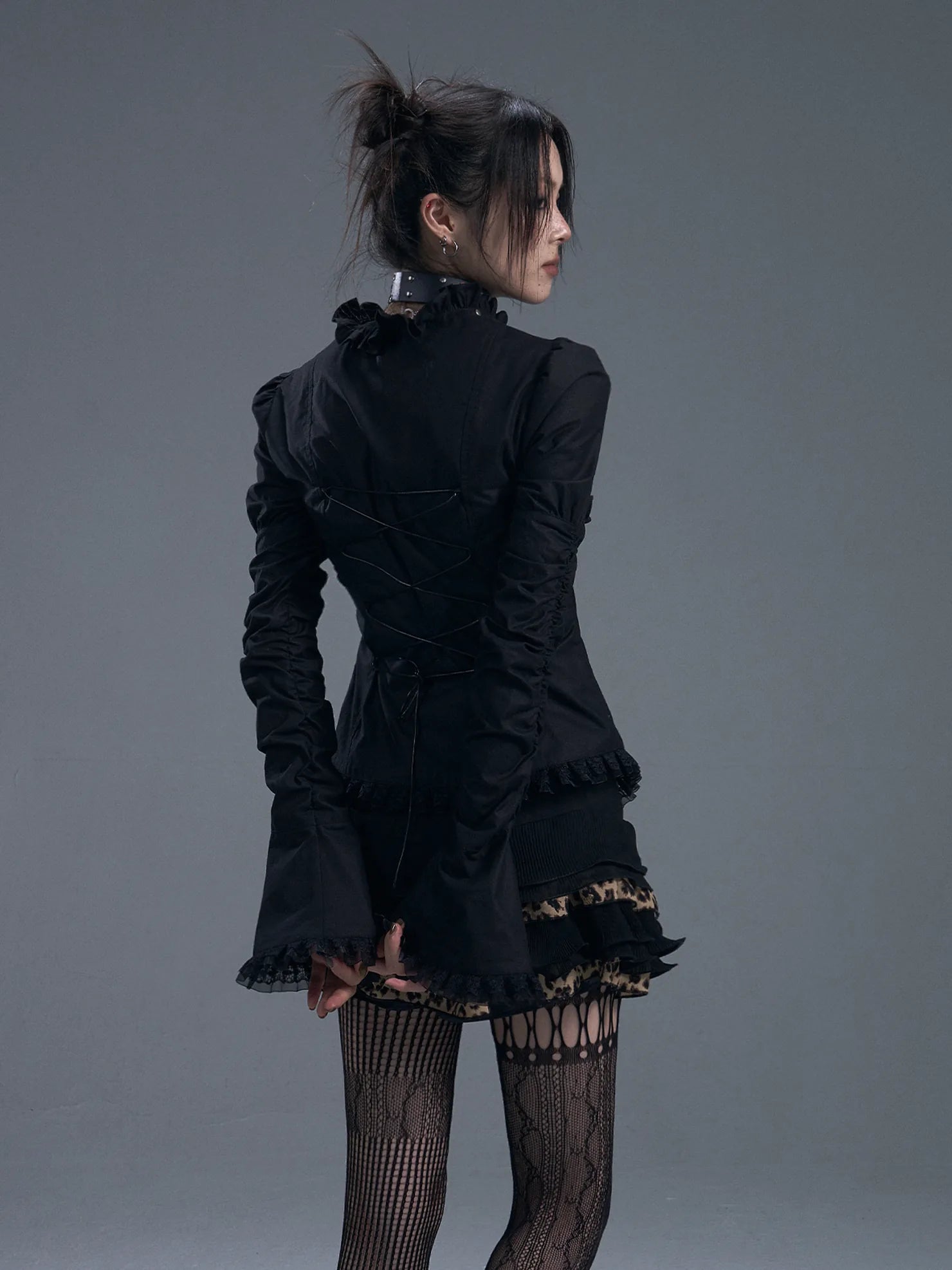 Frustration Garden Dark Gothic Lace Trim Belted Bell Sleeve Shirt