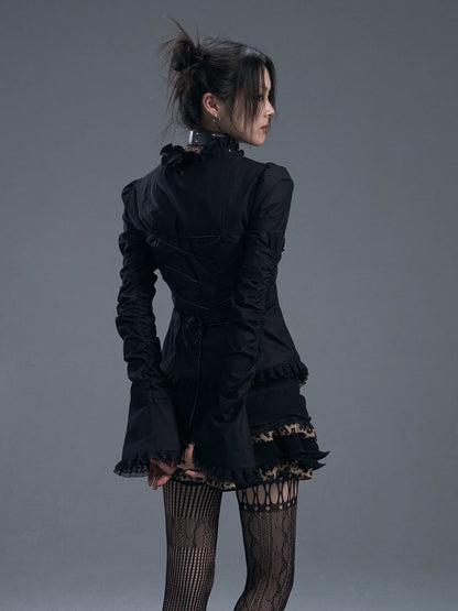 Frustration Garden Dark Gothic Lace Trim Belted Bell Sleeve Shirt