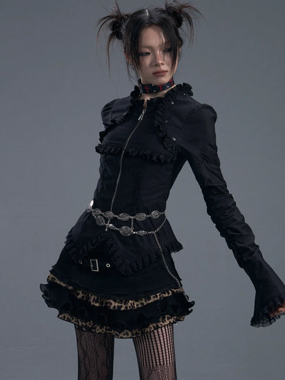 Frustration Garden Dark Gothic Lace Trim Belted Bell Sleeve Shirt