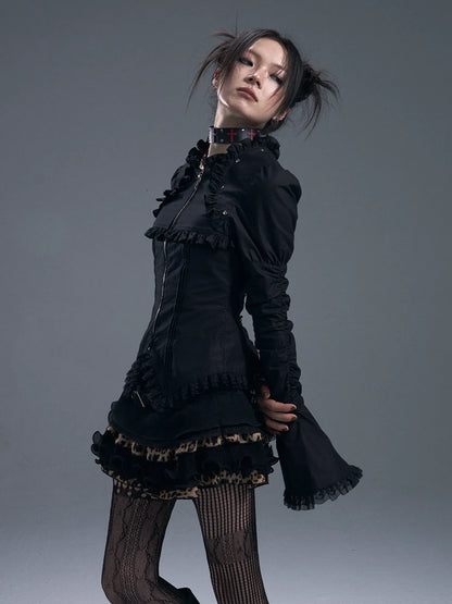 Frustration Garden Dark Gothic Lace Trim Belted Bell Sleeve Shirt
