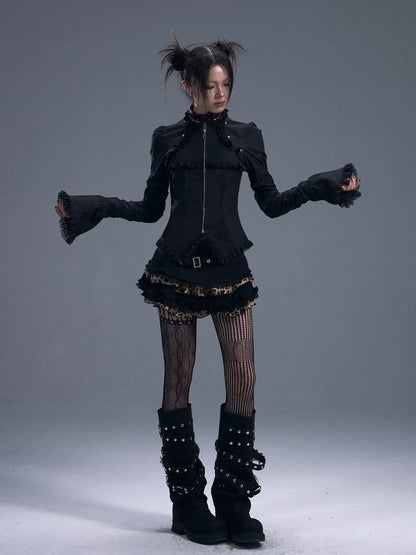 Frustration Garden Dark Gothic Lace Trim Belted Bell Sleeve Shirt