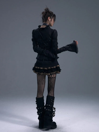 Frustration Garden Dark Gothic Lace Trim Belted Bell Sleeve Shirt
