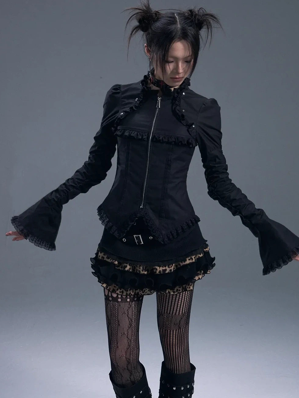 Frustration Garden Dark Gothic Lace Trim Belted Bell Sleeve Shirt