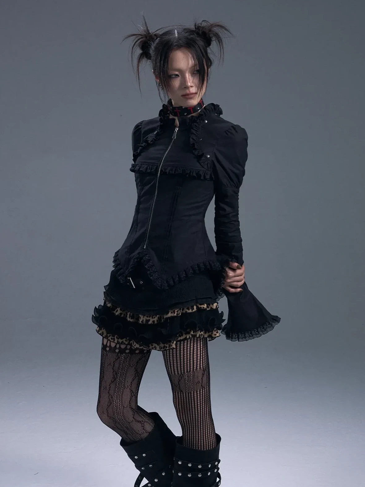 Frustration Garden Dark Gothic Lace Trim Belted Bell Sleeve Shirt