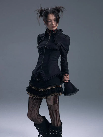 Frustration Garden Dark Gothic Lace Trim Belted Bell Sleeve Shirt