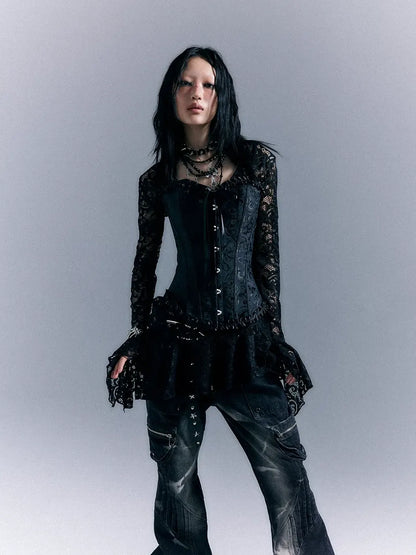 Frustration Garden Dark Gothic Punk Lace Up Corset Lace Dress Set