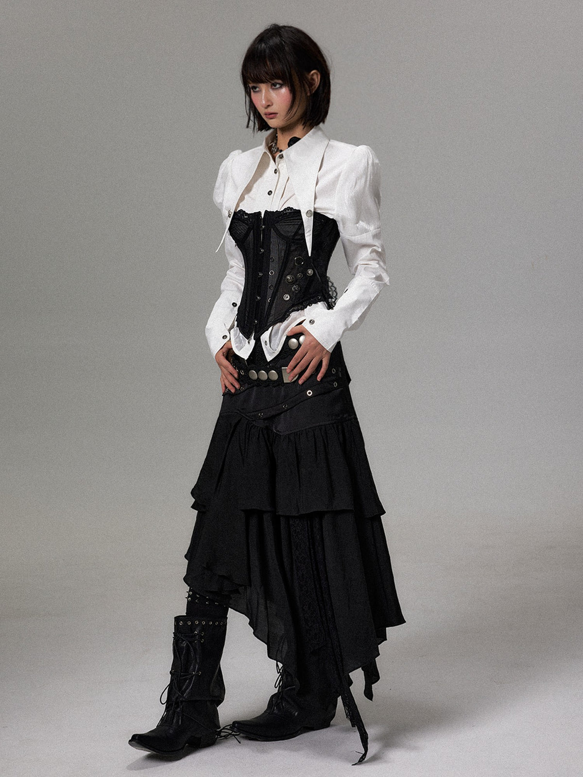 Frustration Garden Dark Lace Mesh Metal Button Lace Up Corset Women&