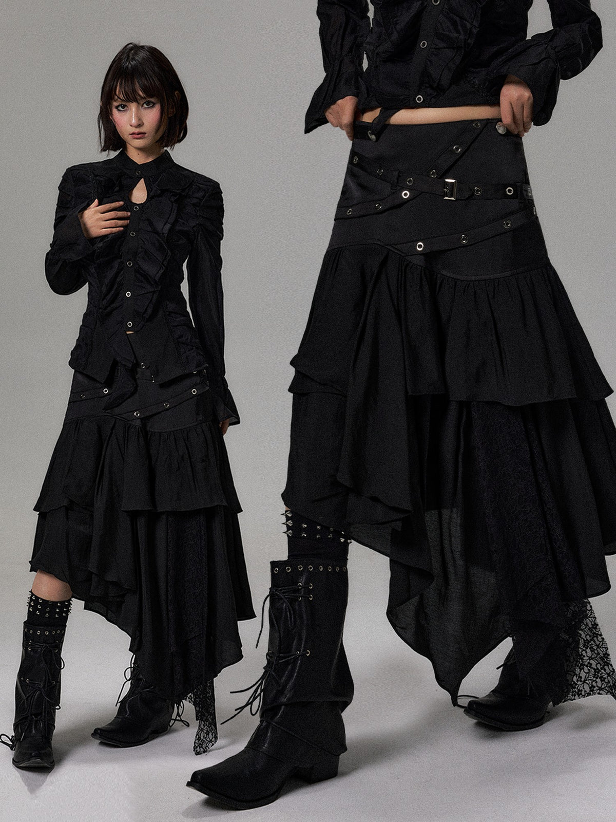 Frustration Garden Dark Lace Ruffle Asymmetric Layered A Line Women&