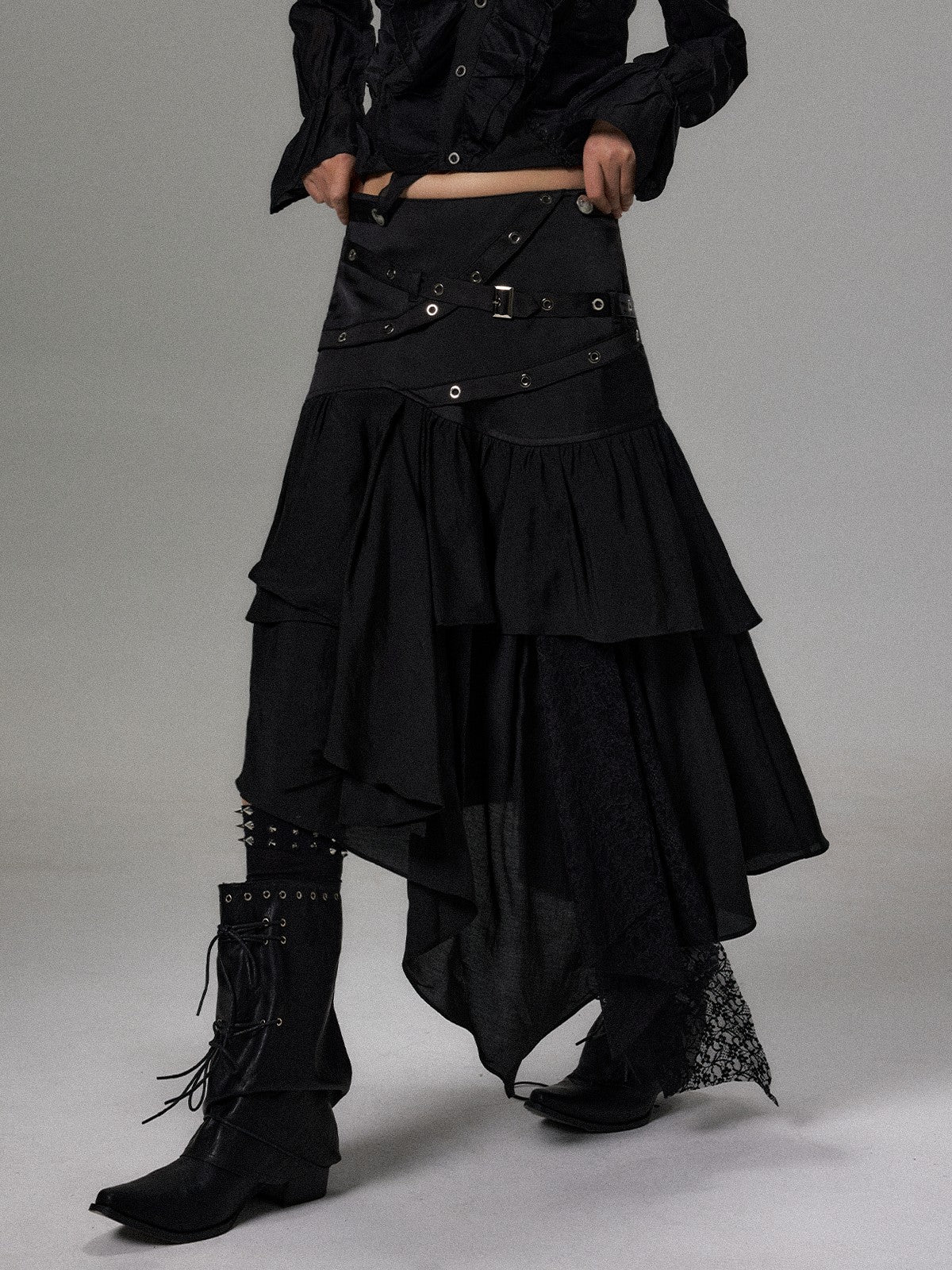 Frustration Garden Dark Lace Ruffle Asymmetric Layered A Line Women&