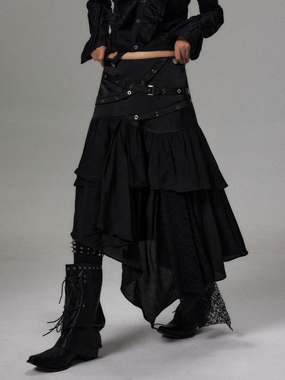 Frustration Garden Dark Lace Ruffle Asymmetric Layered A Line Women&
