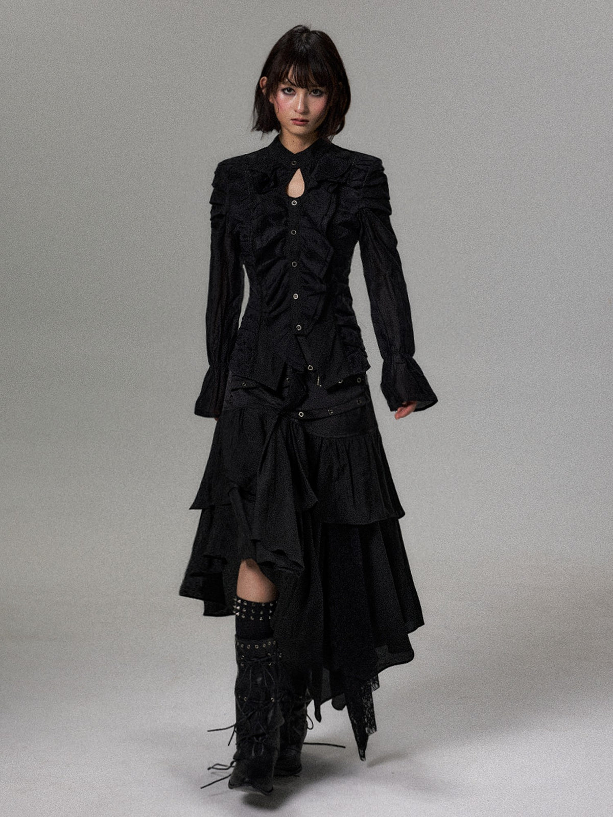Frustration Garden Dark Lace Ruffle Asymmetric Layered A Line Women&