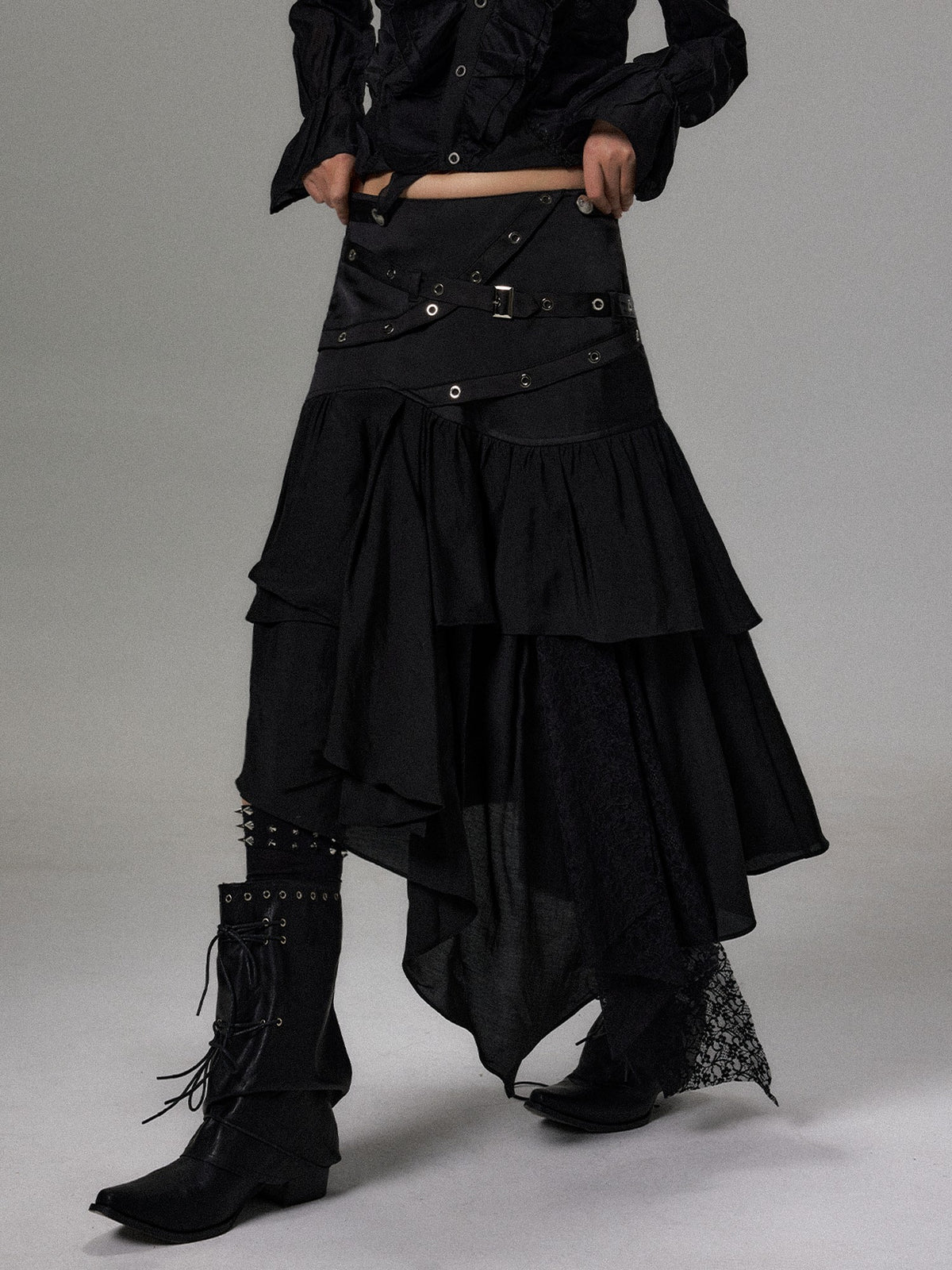 Frustration Garden Dark Lace Ruffle Asymmetric Layered A Line Women&
