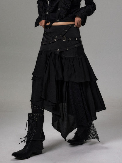 Frustration Garden Dark Lace Ruffle Asymmetric Layered A Line Women&