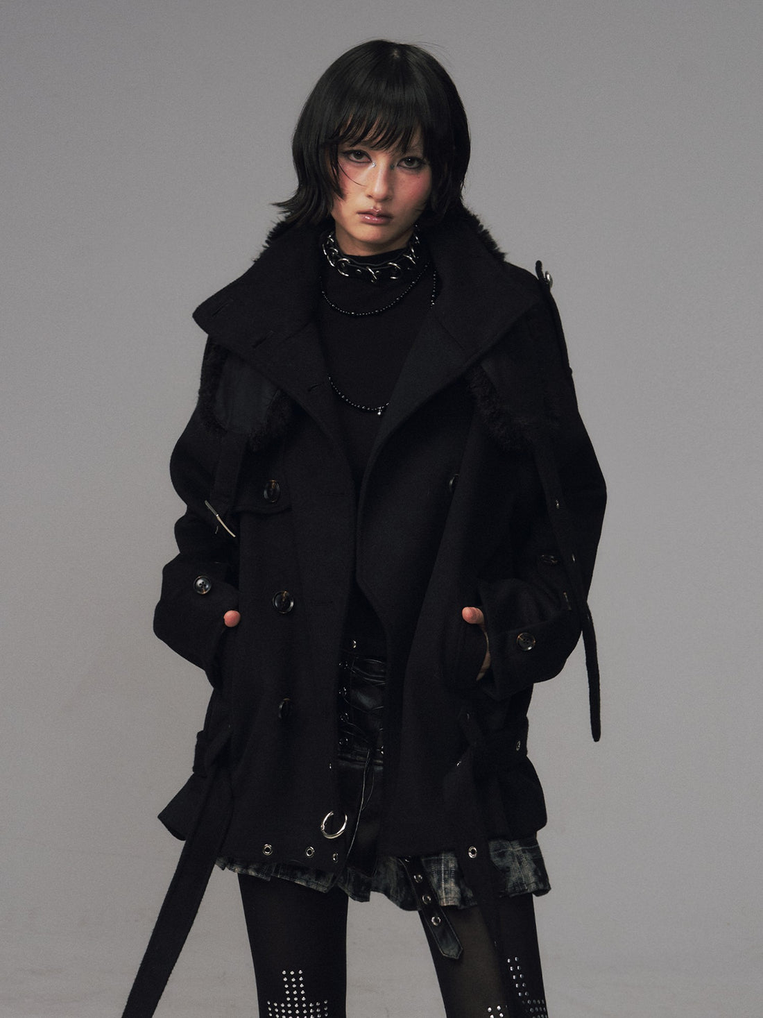 Frustration Garden Dark Large Lapel Detachable Fur Double Breasted Women&