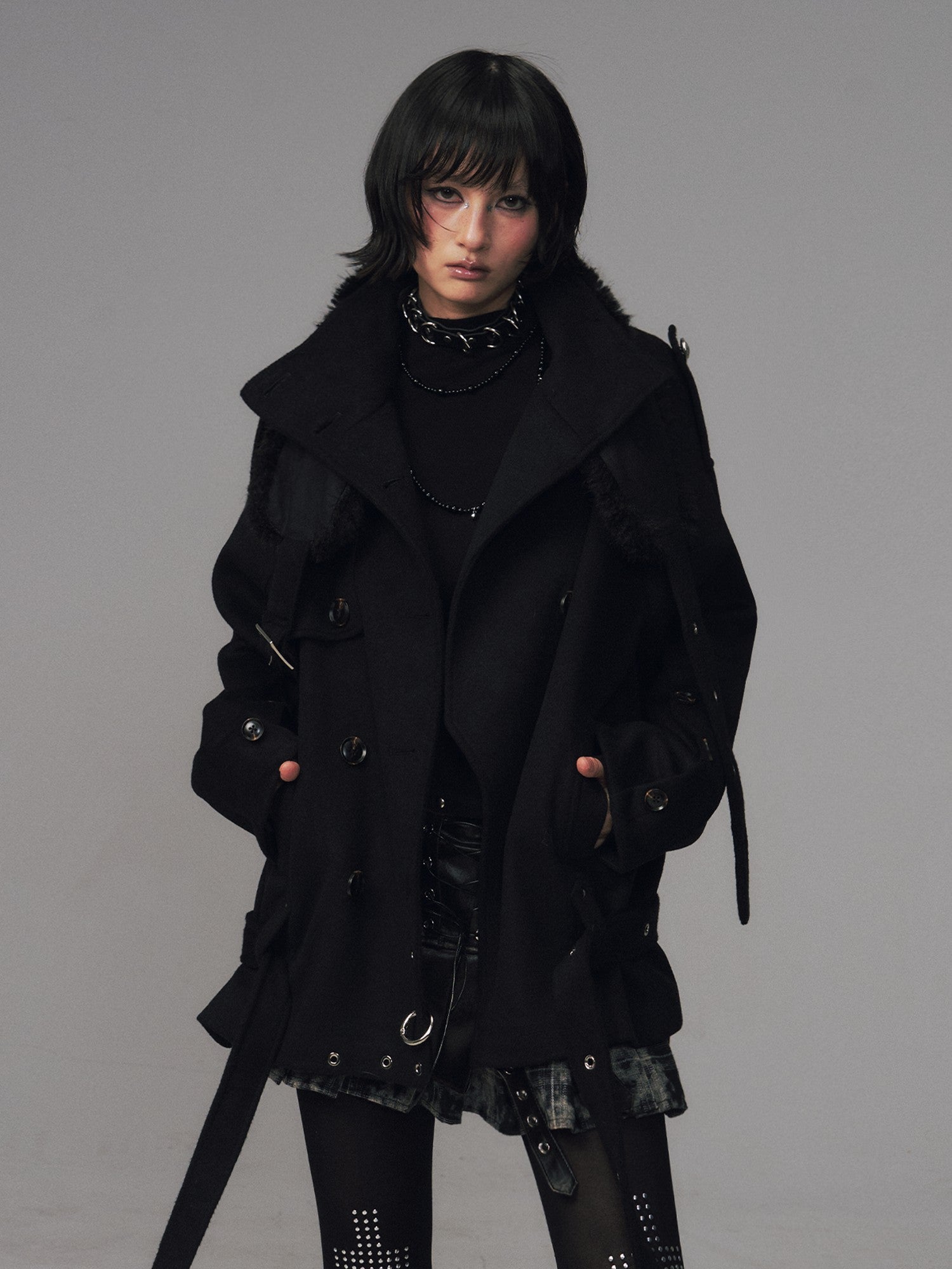 Frustration Garden Dark Large Lapel Detachable Fur Double Breasted Women&