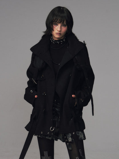 Frustration Garden Dark Large Lapel Detachable Fur Double Breasted Women&