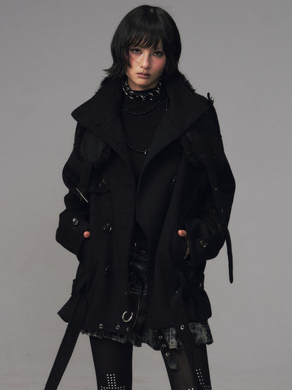 Frustration Garden Dark Large Lapel Detachable Fur Double Breasted Women&