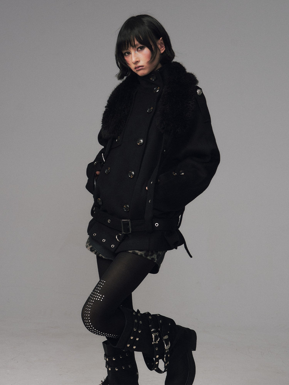 Frustration Garden Dark Large Lapel Detachable Fur Double Breasted Women&