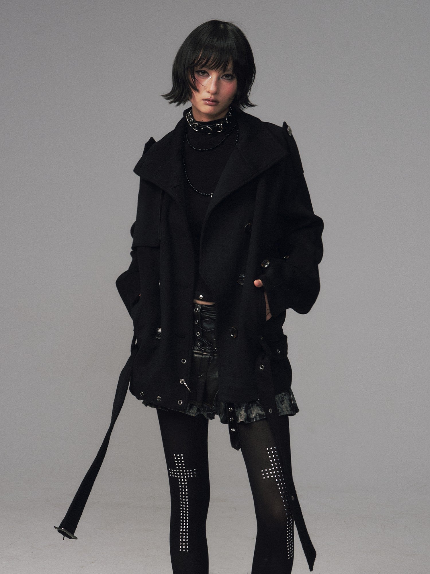 Frustration Garden Dark Large Lapel Detachable Fur Double Breasted Women&