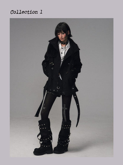 Frustration Garden Dark Large Lapel Detachable Fur Double Breasted Women&