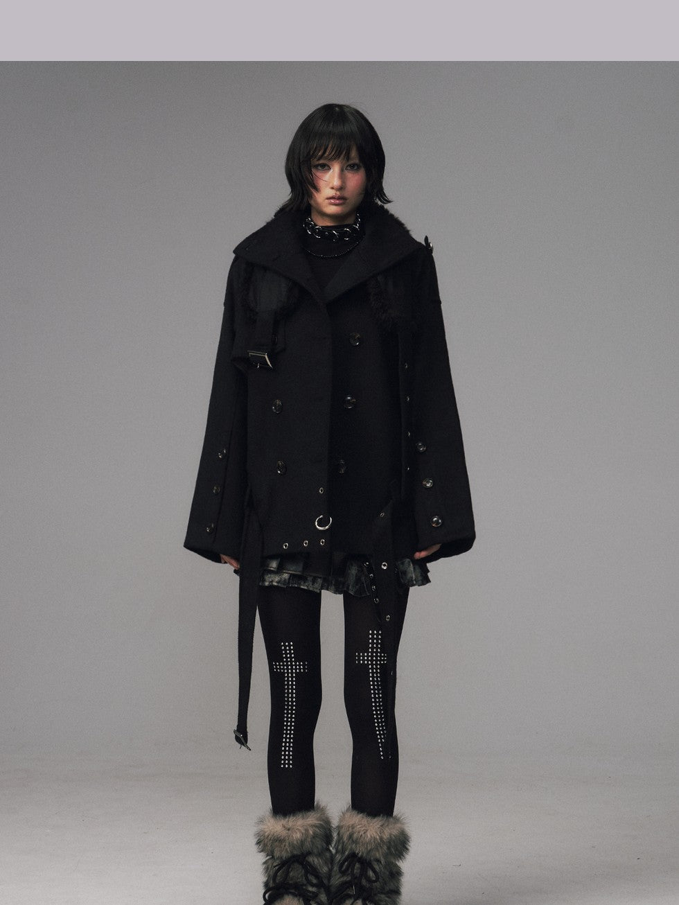 Frustration Garden Dark Large Lapel Detachable Fur Double Breasted Women&