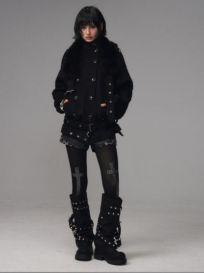 Frustration Garden Dark Large Lapel Detachable Fur Double Breasted Women&
