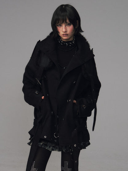 Frustration Garden Dark Large Lapel Detachable Fur Double Breasted Women&