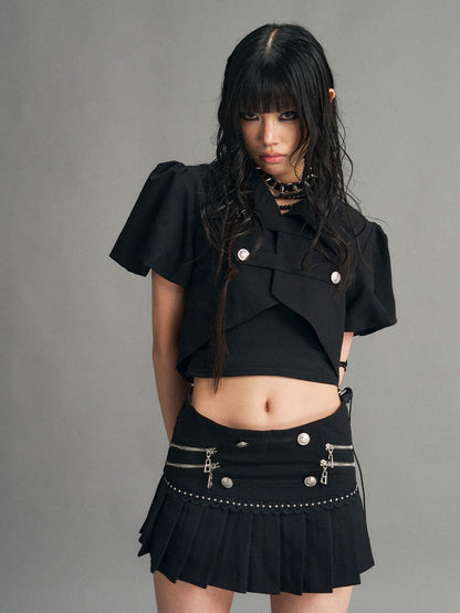 Frustration_Garden_Dark_Puff_Sleeve_Double_Breasted_Asymmetric_Hem_Women&