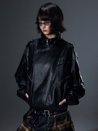 Frustration Garden Dark Punk Biker Large Lapel Zipper Elastic Hem Loose Women&